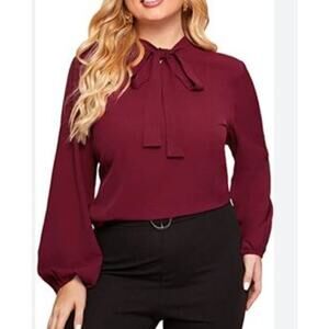 NWOT SHEIN Women's Burgundy Tie-Neck Blouse Career Shirt Top Plus Size: 2XL